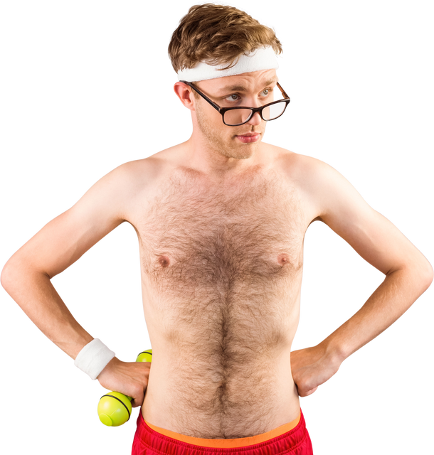 Skeptic sporty geek in glasses holding dumbbell, isolated, transparent - Download Free Stock Videos Pikwizard.com