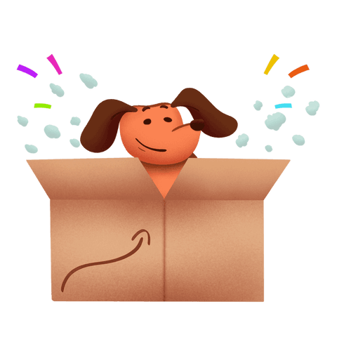 Playful orange dog popping from box with confetti and arrow