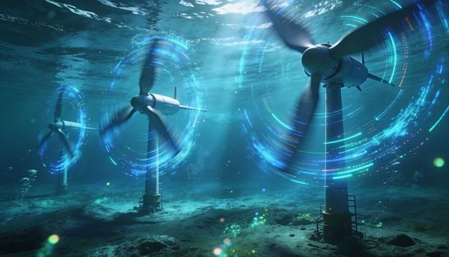 Underwater tidal turbines generating clean energy with glowing rotor trails on seabed