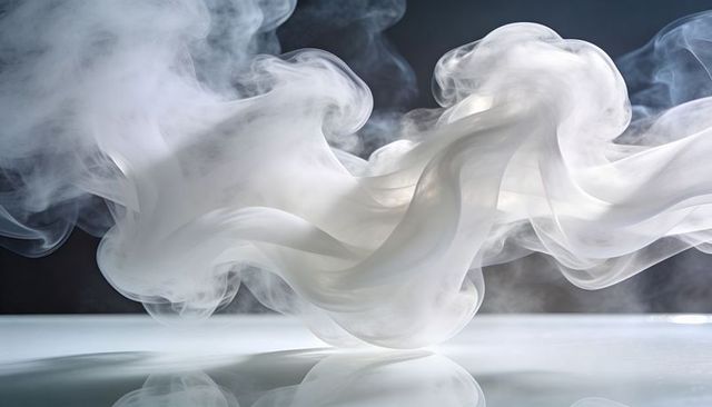 Swirling ethereal white vapor ribbon over glossy surface monochrome mist abstract studio