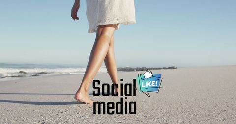 Woman Walking on Beach with Social Media Icons