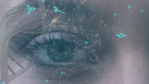 Eye with Futuristic Digital Elements and DNA Strand Overlay