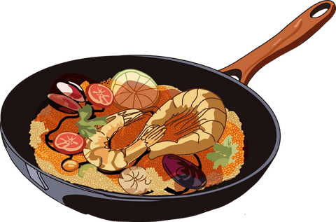 Appetizing seafood paella in skillet on transparent background