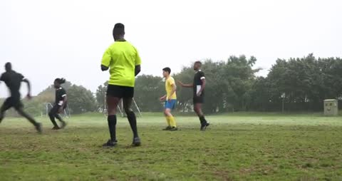 Soccer Players Competing Intensely on Grassy Field During Match