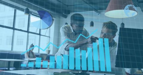 Black and white colleagues collaborating over holographic analytics, growth charts