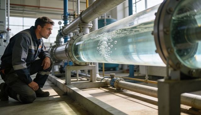 Kneeling technician inspecting sight glass on transparent pipeline at water treatment plant