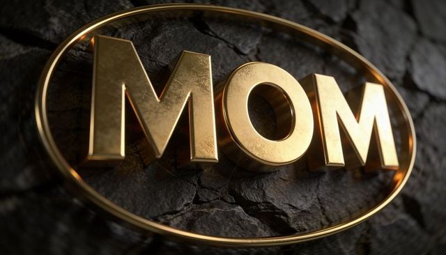 Gold mom letters resting on cracked stone with oval frame, luxury mothers day emblem