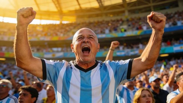 Energized senior argentine fan cheering with raised fists in sunlit stadium crowd