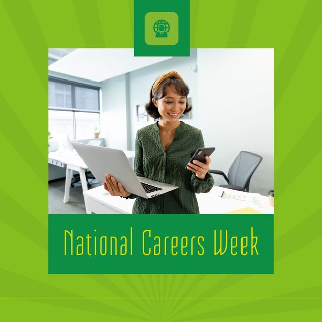 Composition of national careers week text over biracial businesswoman with laptop and smartphone. National careers week, career and employment concept digitally generated image.