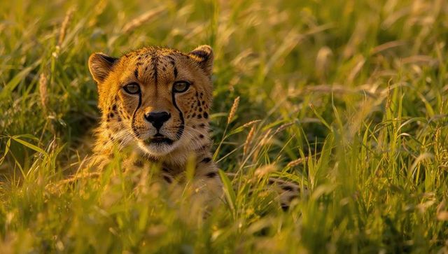 Cheetah blending into golden savannah during sunset