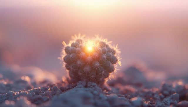 Backlit spherical cactus with glowing halo on rocky terrain