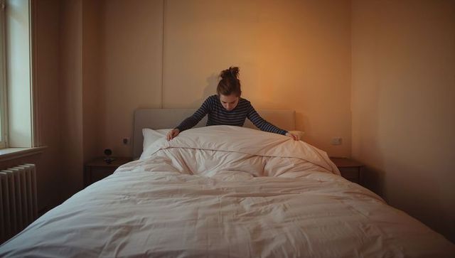 Woman Making Bed in Minimalist Neutral Bedroom, Arranging White Duvet Under Warm Light