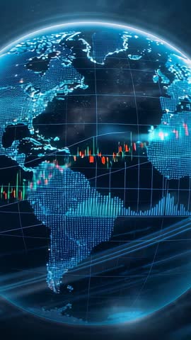 Rotating holographic globe displaying global market candlestick charts and volume histogram