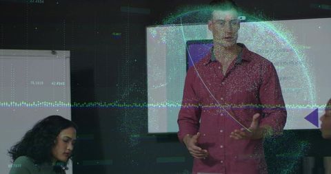 Business Presentation with Data Overlay in Modern Conference Room