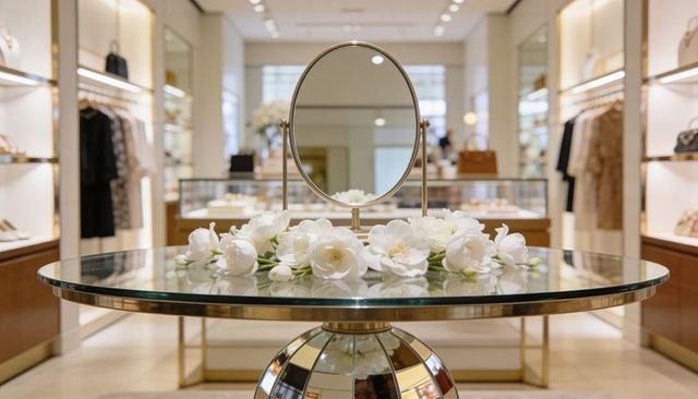Showcasing luxury boutique round glass table with mirror and white camellias
