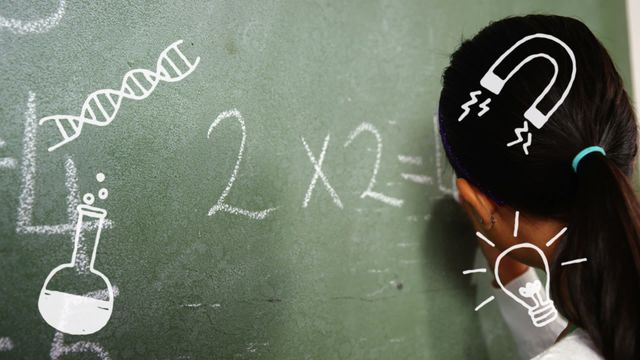 An Asian student is solving a math equation on a blackboard, with playful educational doodles such as a DNA helix, a magnet, a light bulb, and a chemistry flask drawn around her. Perfect for themes related to education, back to school campaigns, science and technology, creative learning materials, and educational content for children and teenagers.