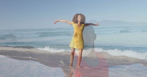 Joyful Woman Embracing Blissful Ocean Breeze at Tranquil Beach