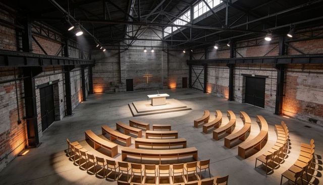 Minimalist industrial chapel featuring central altar, illuminated cross, curved wooden pews
