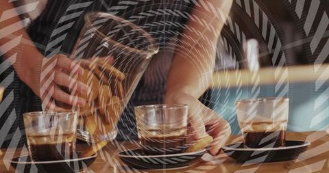 Barista pouring espresso and arranging glasses on cafe table with geometric overlay