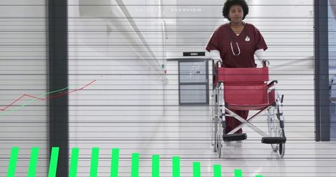 Nurse pushing red wheelchair through clinic corridor with data visualization overlay