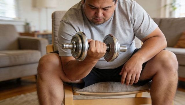 Man performing seated bicep curl with adjustable chrome dumbbell in living room