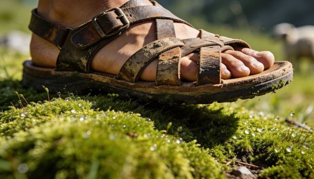 Resting foot in leather sandal on morning dewy moss, closeup toes and rustic texture