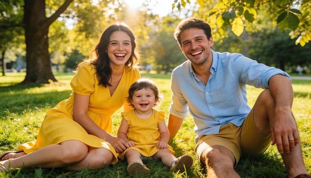 Young family enjoying golden hour in park with toddler wearing matching yellow outfits