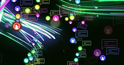 Social media reactions over neon lines on black background