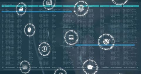 Futuristic dashboard with data grid and icons overlay