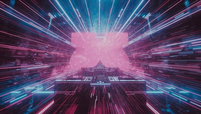 Futuristic DJ Mixing Console with Radiating Neon Streaks