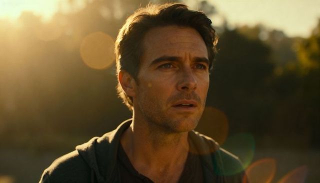 Contemplative man at golden hour backlit headshot with warm lens flare and bokeh