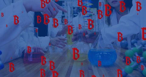 Lab technicians conducting experiments with technological overlay