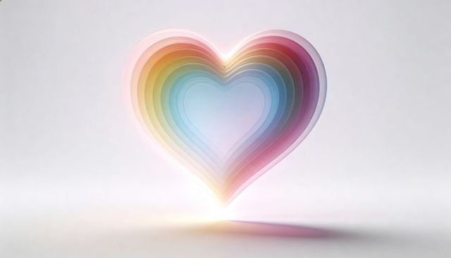 Hovering layered pastel heart glowing with translucent rings and soft shadow sculpture