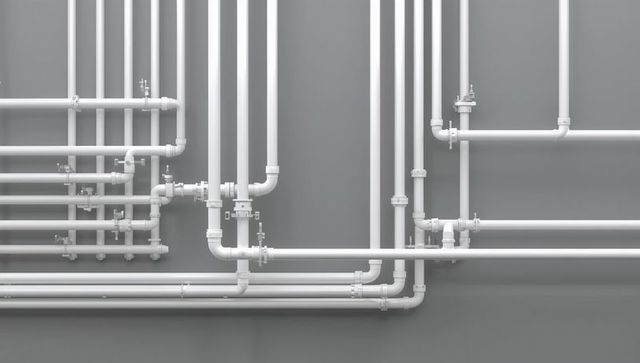 Industrial white piping network on gray wall with valves and clamps, organized conduit