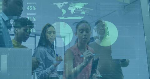 Diverse Team Collaborating on Interactive Data Touchscreen Business Strategy