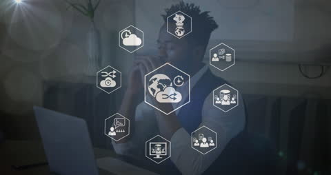 Businessman Contemplating Digital Network and Global Potential