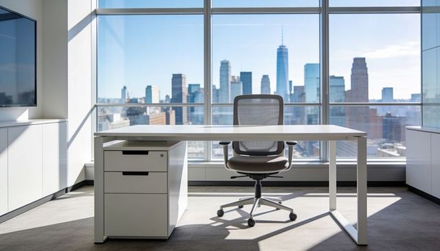 Minimal modern highrise office desk with ergonomic mesh chair and city skyline