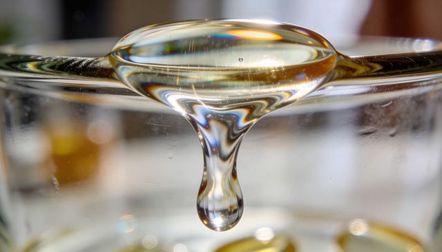 Shimmering glass droplet dripping from rim with rainbow refraction macro