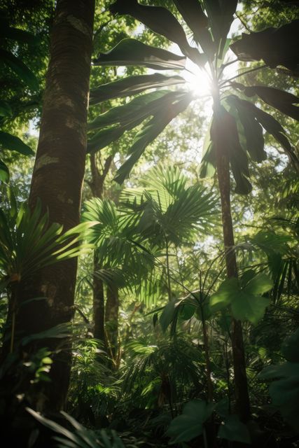 This image showcases sunlight filtering through tall trees and lush greenery in a tropical rainforest. Ideal for use in articles or projects related to nature, ecology, and conservation. It could also be used for travel materials promoting rainforest destinations, or for educational content about jungles and ecosystems.