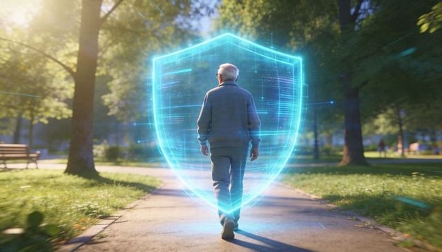 Senior man walking inside protective holographic shield on sunlit park pathway