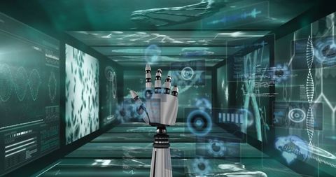 futuristic robotic arm analyzing digital data interface - Download Free Stock Images Pikwizard.com