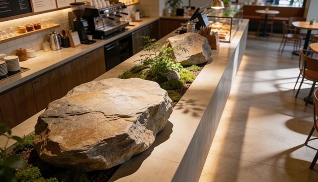 Minimalist cafe interior featuring long concrete planter with flat boulders and moss