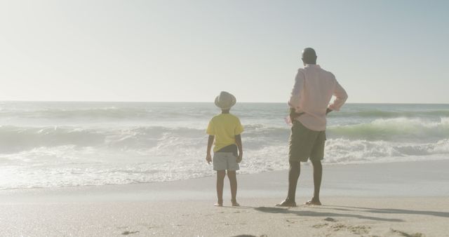 A man and child standing on sandy beach watching ocean waves crash onto shore. Perfect for concepts of family bonding, relaxation, summertime vacations, and enjoying nature. Useful in family-oriented promotions, travel advertisements, and lifestyle blogs.
