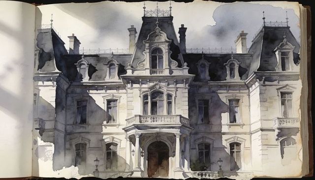Victorian mansion watercolor sketchbook study showing chateau facade with mansard roof