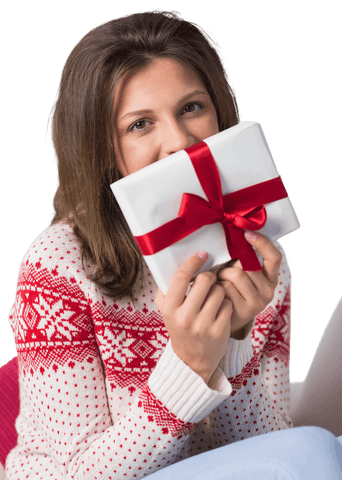 Smiling Woman Holding Transparent Festive Gift with Red Ribbon