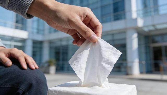 Man removing tissue from box in urban plaza with modern glass office building backdrop