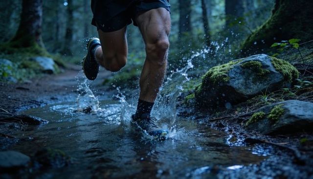 Trail runner powering through forest stream, splashing in trail shoes and black shorts