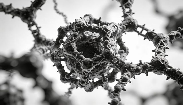 Porous nodal nanolattice with branched fibrous network, grayscale scientific detail