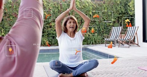 Senior Woman Practicing Yoga by Backyard Pool with Wellness Tech Overlays
