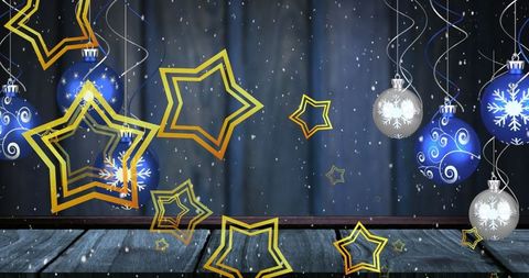 Festive Stage with Hanging Blue Baubles and Star Designs